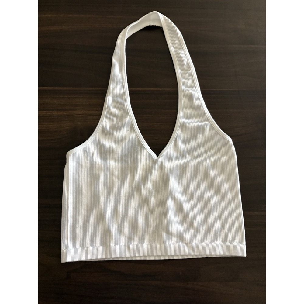 Bozzolo Crisp White Ribbed Cropped Halter Tank Top Size S/M Minimalist